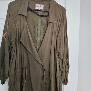 Miss Me Olive Embroidered Embellished Jacket with Cinch Tie Waist SZ Medium